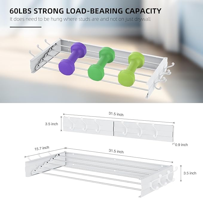 Laundry Drying Rack, Collapsible Wall Mounted Clothes Drying Rack - Foldable,Space Saving, 13.2 Linear Ft, 5 Aluminum Rods, 60 lb Capacity (White, 31.5" Wide)
