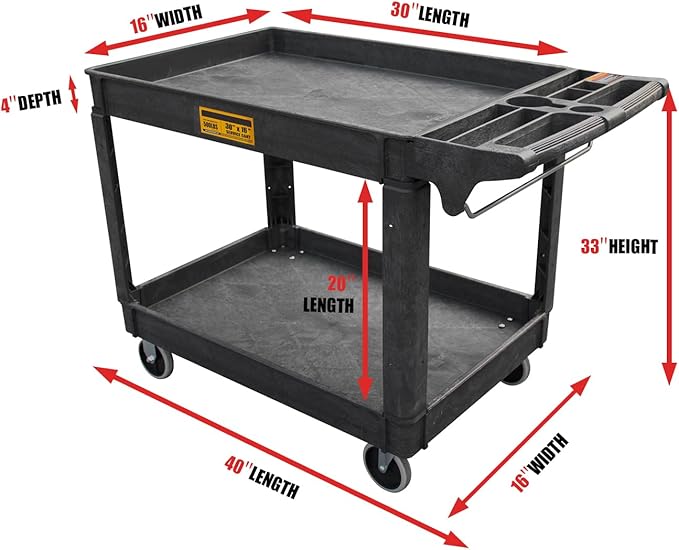 Utility Service Cart, 2-Shelf 500LBS Heavy Duty Plastic Rolling Utility Cart with 360° Swivel Wheels, Lipped Shelves, Ergonomic Storage Handle for Warehouse/Garage/Cleaning/Manufacturing