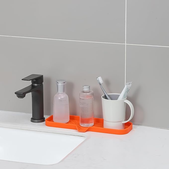 Silicone Bathroom Soap Dishes with Drain Spout-Bathroom and Kitchen Sink Organizer,Sponge Holder,Dish Soap Tray,Perfect for Dispenser,Scrubber,Bottle,Cup on Sink or Counter-Orange 12"×4"