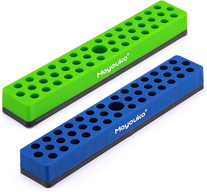 Mayouko 1/4" Magnetic Hex Bit Holder Rack Organizer, 43 Holes, 1/4-Inch Drill Bit Holder, Green&Blue, 2 Racks, Magnetic Bit Holder with Magnet Base for Screwdriver Bits