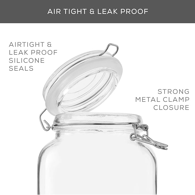 JoyJolt Airtight Glass Jars with Lids Set of 3. 50oz Glass Jar with Lid and 6 Silicone Seals! Med Glass Food Storage Containers. Square Mason Jar, Flour Jar, Candy or Cookie Jars for Kitchen Counter