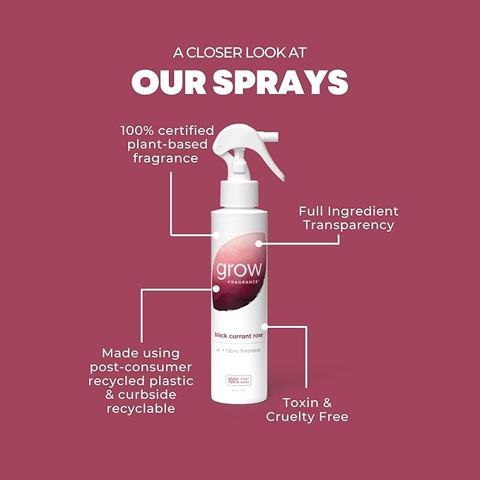 Grow Fragrance - Certified 100% Plant Based Air Freshener + Fabric Freshener Spray, Made with All Natural Essential Oils, Black Currant Rose - Limited Edition!