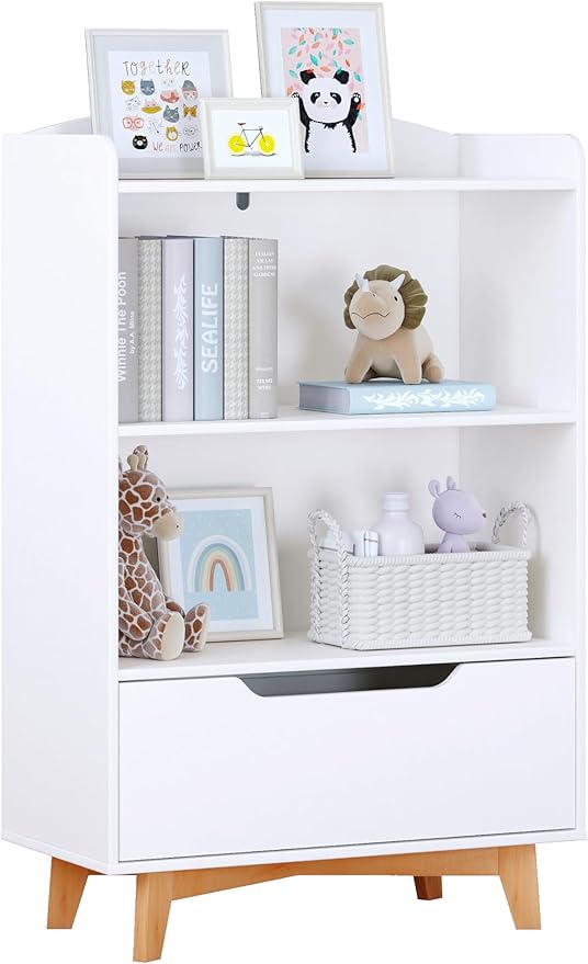 UTEX Kids Bookshelf, Children Bookcases with Storage and Drawer, Wood Kids Toy Storage Organizer for Playroom, Nursery School, White