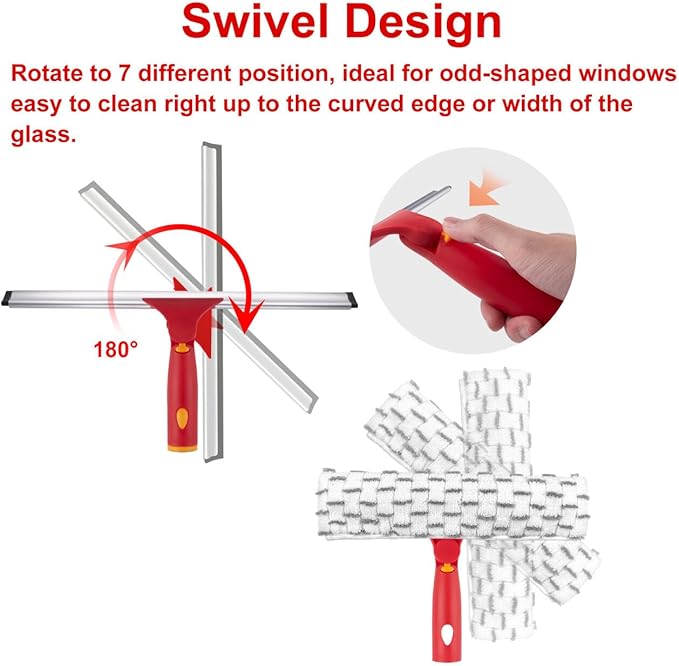 ITTAHO Squeegee for Window Cleaning, 12" Squeegee and 11" Microfiber Scrubber Combi with Stainless Steel Pole, Extendable Window Cleaner for Car, Sliding Door, Shower Glass Door-Swivel Style-2 Pads