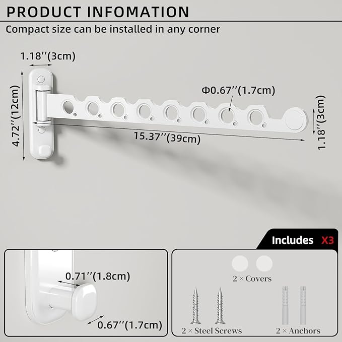 Wall Mounted Clothes Hanger Rack Foldable Drying Rack Hook Folding Indoor for Laundry Room Organization Bedroom Collapsible Racks Perfect for Small Spaces, 8 Hole White 2 Packs