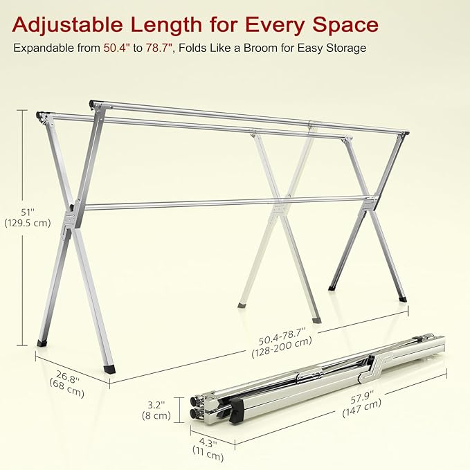 Clothes Drying Rack, Heavy-Duty Folding Laundry Drying Rack for Indoor Outdoor Use, 50.4-78.7" Extendable Stainless Steel, Space-Saving Design, Foldable Freestanding Airer