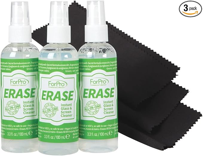 ForPro Professional Collection Erase Instant Glass & Screen Cleaner Kit, for TV Screens, Smartphones, Eyeglasses, Mirrors - Includes 3.3 Oz. Bottle and Microfiber Cleaning Cloth (Pack of 3)