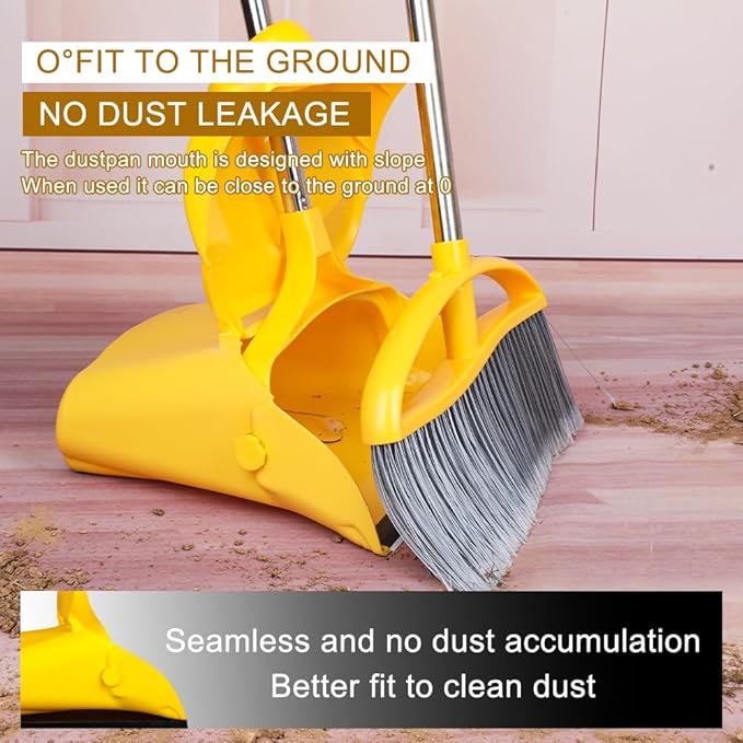 Long Handle Heavy Duty Broom and Dustpan Set, Outdoor and Commercial Upright Dustpan and Brush for Restaurant Garage Garden Yard Office, Yellow