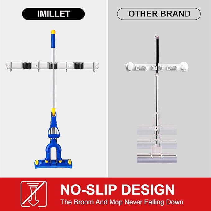 IMILLET 2 Pack Broom and Mop Holder Wall Mounted, Stainless Steel Broom Holder Mop Holder Self Adhesive Heavy Duty Hooks Storage Organizer for Home Laundry Room Garden Garage Closet Kitchen