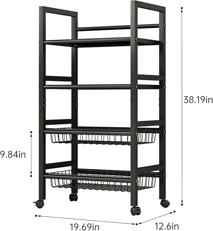 Four-Tier Metal Rolling Rack, Removable Metal Sheets, Grid Baskets with Wheels, Kitchen Storage Cart, Shelf for Pantry, Bathroom, Kitchen, Office, Garage, Black (Medium)