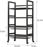 Four-Tier Metal Rolling Rack, Removable Metal Sheets, Grid Baskets with Wheels, Kitchen Storage Cart, Shelf for Pantry, Bathroom, Kitchen, Office, Garage, Black (Medium)