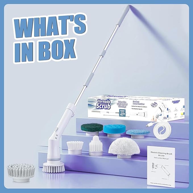 2025 Upgraded Electric Cleaning Brush, IPX7 Waterproof Electric Spin Scrubber with Replaceable Brush Heads, Adjustable Angle, Lightweight & Flexible for Bathroom, Kitchen, Tiles, and More