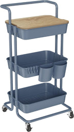 DTK 3 Tier Utility Cart with Cover Board, Rolling Cart with Lockable Wheels, Cups, Hooks for Home Office, Art Craft Storage, Home School Organization and More Uses(Blue)