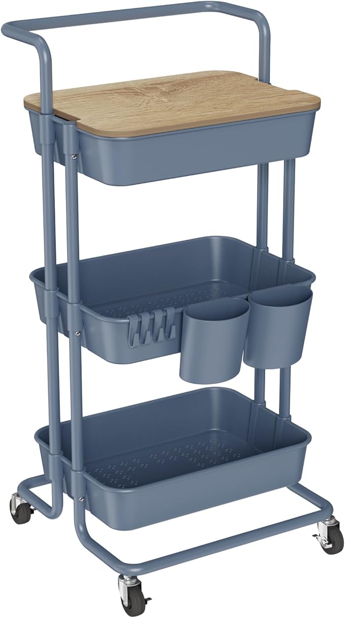 DTK 3 Tier Utility Cart with Cover Board, Rolling Cart with Lockable Wheels, Cups, Hooks for Home Office, Art Craft Storage, Home School Organization and More Uses(Blue)