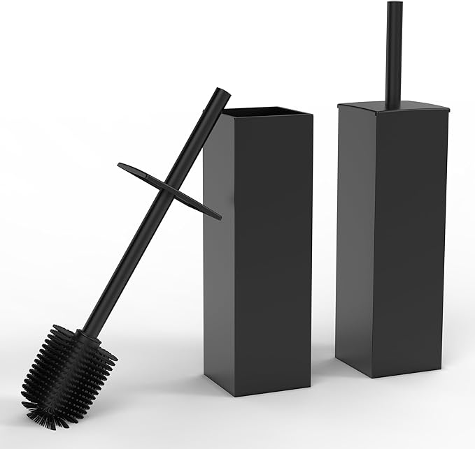 RUACQ Toilet Brush and Holder Set 2pcs,Square Toilet Bowl Brush for Bathroom with 304 Stainless Steel Handle Toilet Cleaner Brush with Durable Scrubbing Bristles,Splash-Proof (Matte Black)