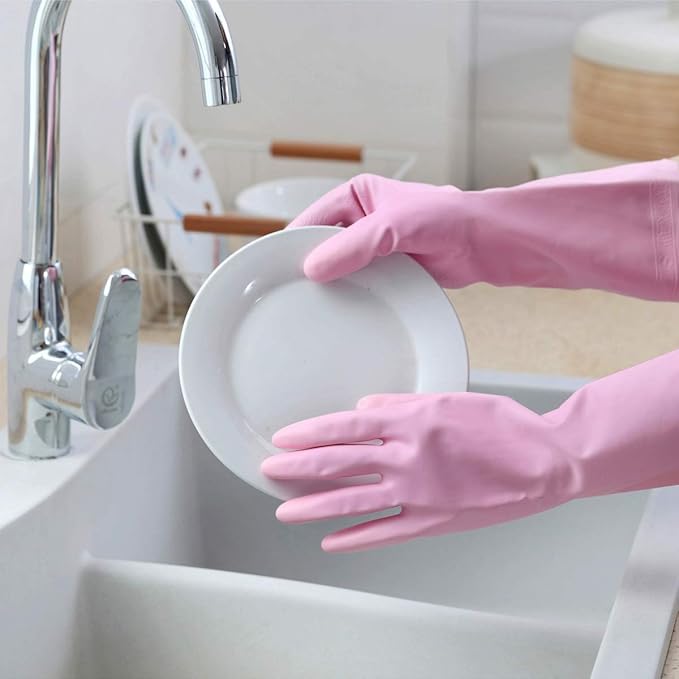 HSL Household Cleaning Gloves - 2 Pairs Reusable Kitchen Dishwashing Gloves with Latex Free, Cotton lining, Waterproof, Non-Slip, Ideal for Dishes, Household Chores, and Gardening (Medium)