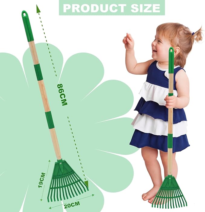 Kids Leaf Rake - 3-Section Adjustable Handle, Lightweight, Wood & Plastic, Small Garden Tool for Children (Blue+Green)