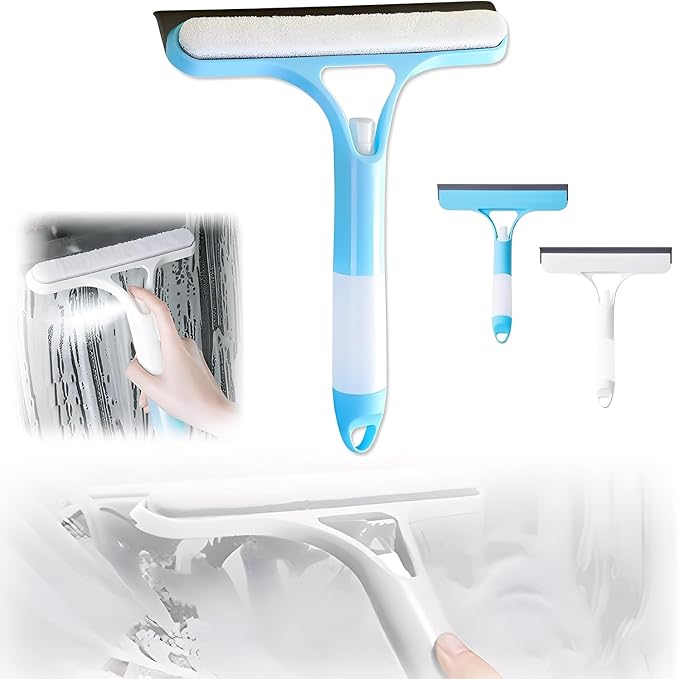 3 in 1 Window Cleaning Scraper with Spray, Scrubber and Shower Squeegee for Glass Doors, Mirrors, Car and Home, All-Purpose Window Cleaner Tool (Blue)