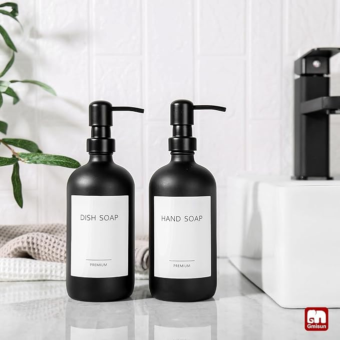 GMISUN Black Soap Dispenser, 2 Pack Matte Black Hand Soap Dispensers for Bathroom, 17 Fl Oz Glass Dish Soap Dispensers for Kitchen with Stainless Steel Pump, Modern Liquid Soap Bottle
