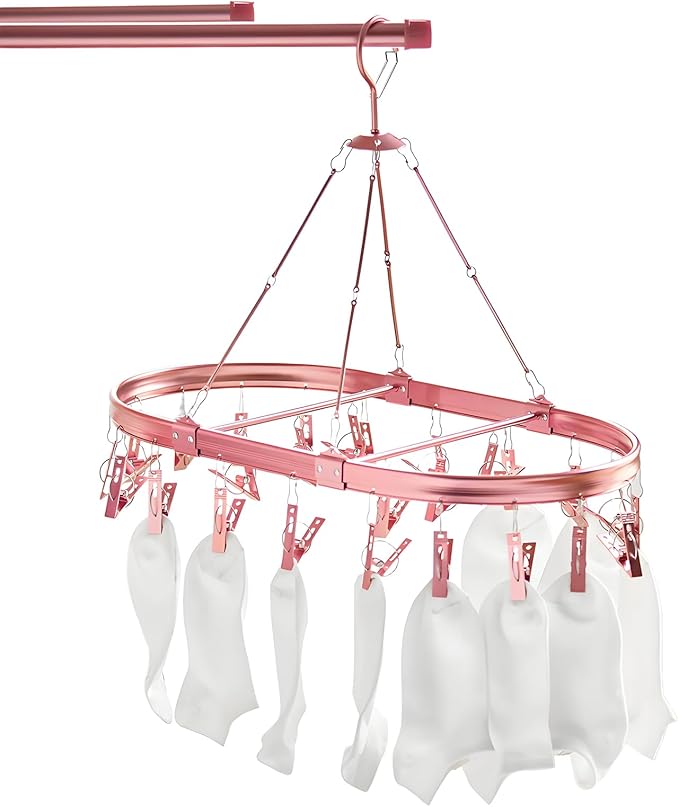Anodized Aluminum Underwear Drying Rack - 26 Non-Slip Clips, and Wind-Resistant Hook, Laundry Drying for Socks, Baby Clothes, Underwear, and Delicates. Oval & One-Piece Design, (Rose Gold)