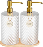 Hand and Dish Soap Dispenser Set for Kitchen Sink,18Oz Glass Soap Dispenser Bathroom with Wood Tray & Gold Stainless Steel Pump,Spiral Stripe Design
