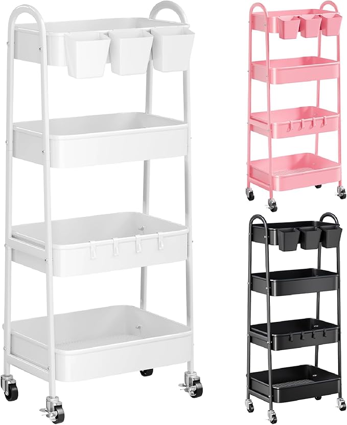 4 Tier Heavy Duty White Metal Rolling Cart with Lockable Wheels,Utility Storage Organizer Carts, Four Tier Roller Book Snack Cart for Kitchen, Bathroom, Garage, Baby Diaper, Craft, Art, Teacher