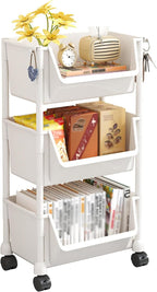 3 Tier Rolling Utility Cart with Wheels, Plastic Multi-Functional Trolley Carts Lockable Casters, Movable Storage Organizer for Kitchen Bathroom Laundry Dorm Living Room, White