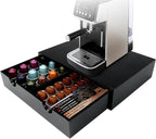 Coffee Pod 15" X 11" X 3" Natural Wood Countertop Organizer Drawer, Counter Top Espresso Tea Bag Station Storage Holder Box, Black