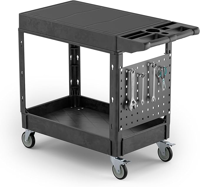 Heavy Duty Utility Service Tool Cart, 39 x 17 in, 2 Shelf Flat Top Rolling Cart with Hanging Board, 550LBS, Swivel Wheels, Ergonomic Handle for Garage, Warehouse, Office, Workshop, Auto Repair