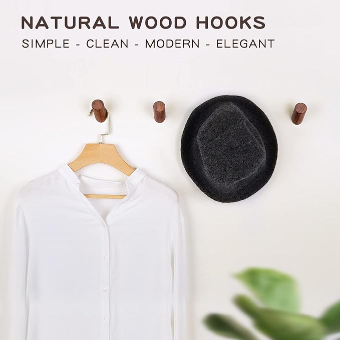 Wood Wall Hooks, 6 Pack Natural Wooden Coat Hooks Wall-Mounted, Rustic Heavy Duty Hook for Hanging Towels Coats Plants, Entryway Hat Hanger Wall Coat Rack (Walnut Wood)