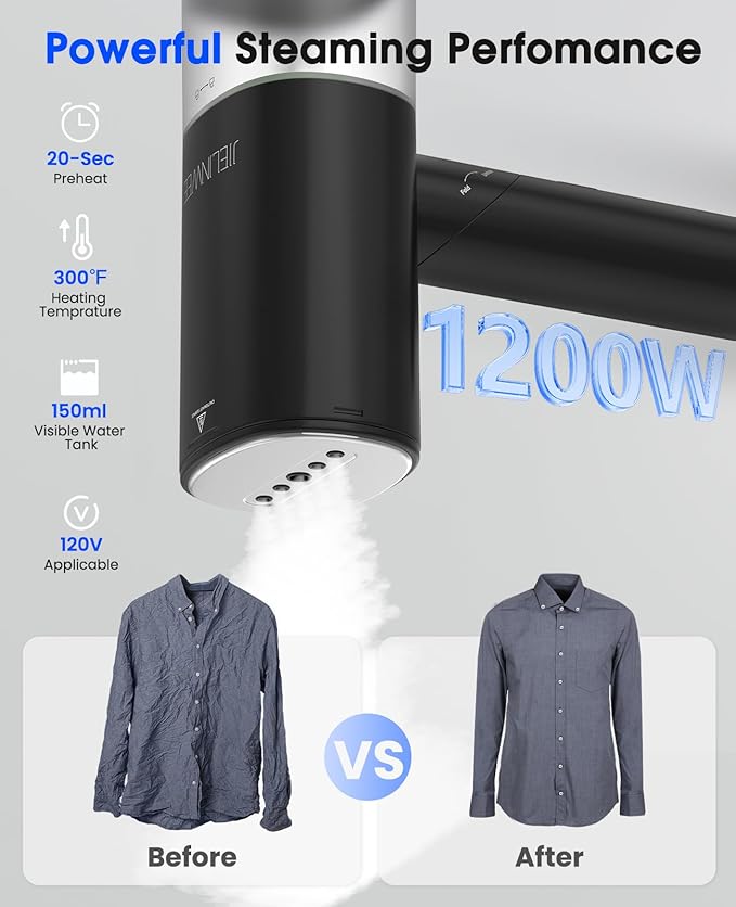 Handheld Steamer for Clothes, 1200W Foldable Travel Steamer, 20 Sec Preheat Garments Wrinkle Remover, 120V Portable Hand Iron with 150ml Water Tank, Clothes Steamer for Home Travel-Black