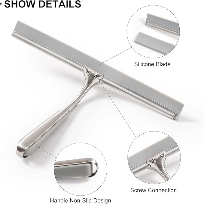Shower Squeegee for Shower Doors 10 Inch Bathroom Squeegee for Windows,Kitchen,Mirror and Car Glass, Stainless Steel
