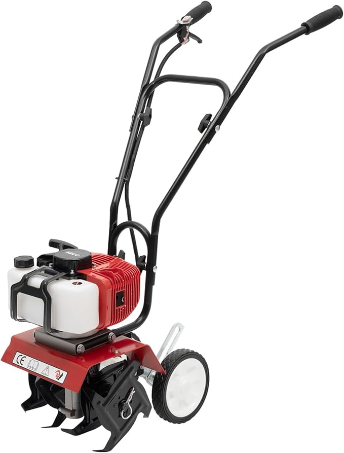 Mini Tiller Cultivator, Powerful 52cc Two-Stroke Single-Cylinder Gasoline Engine, Gear Drive Transmission, Height Adjustable Wheels, for Gardening RED