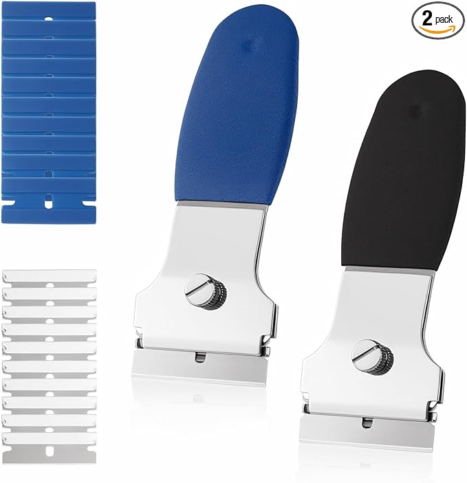 2 Pack Razor Blade Scraper, Multi-Purpose Cleaning Remover Tool, with 10 Metal & 10 Plastic Blades, for Glass Caulk, Adhesive, Wall, Stovetop, Paint, Window, Sticker, Tile, Label Decals
