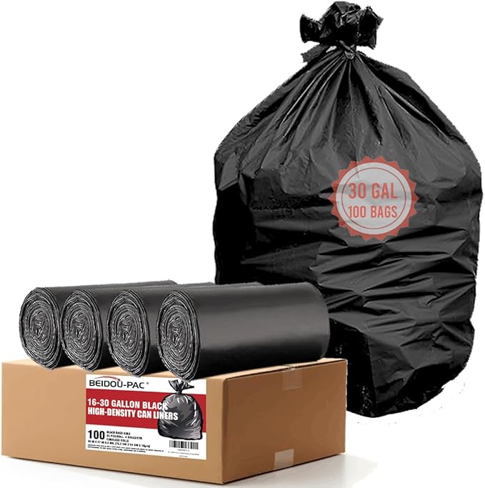 30 Gallon Trash Bags, 100 Count Black Garbage bags, Multi-purpose Trash Can Bin Liners for Bathroom, Office, Industrial, Commercial, Janitorial, Municipal, Recycling
