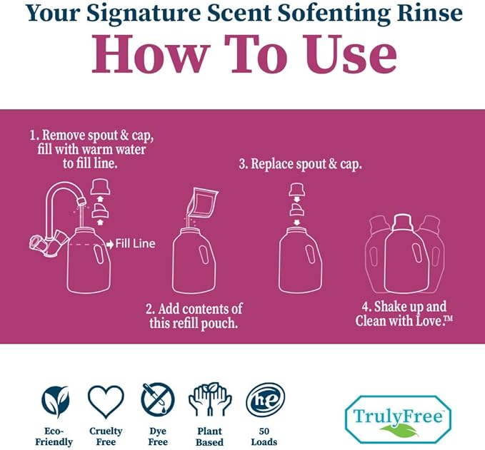 Fabric Softening Conditioner for Clothes| Safe for Babies & Kids with Sensitive Skin | Plant-Based | Includes 4 Refills| Signature Scent Rinse(200 Loads)
