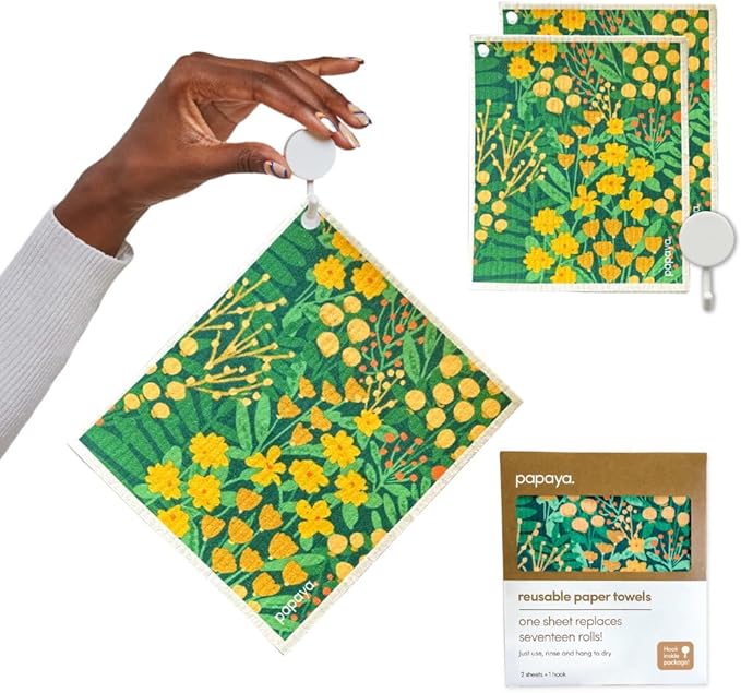 Papaya Reusable Paper Towels 2-Pack - 2 Sheets + 1 Hooks, Quick Drying, No Odor, 1 Sheet Replaces 17 Rolls, Washable Kitchen Cloth, Sustainable Dish Sponge, Eco Friendly Gift