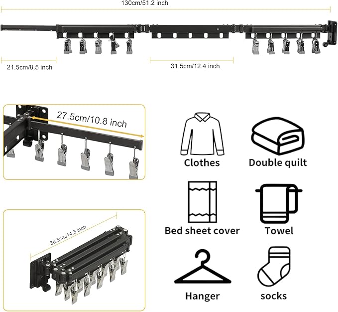 BESy Tri-Fold Foldable Clothes Drying Rack Retractable Hanging Collapsible Dryer Hanger Racks for Laundry Balcony Bathroom Space Saver Outdoor Indoor 20 Clips Aluminum Alloy Wall Mounted Matte Black