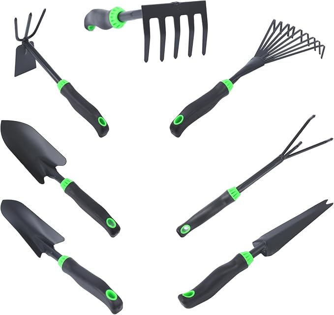 7-Piece Aluminum Alloy Heavy Duty Gardening Tool Set – Rust Proof, Ergonomic Handle, Includes Shovels, Rakes, Hoes & More for Gardening Enthusiasts