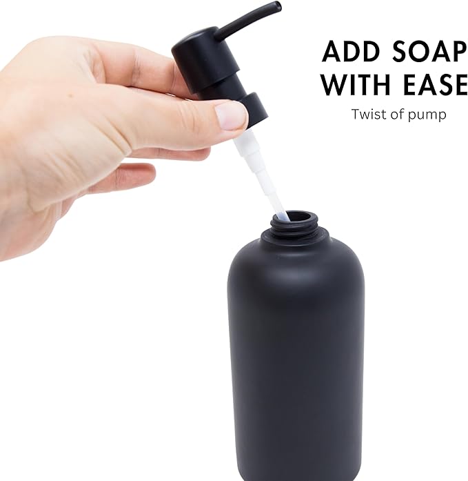 Matte Black Soap Dispenser Set with Tray, 2 Pack 15oz Round Rustproof Liquid Hand Dish Soap Dispensers with Tray for Kitchen Sink, Countertop, and Bathroom