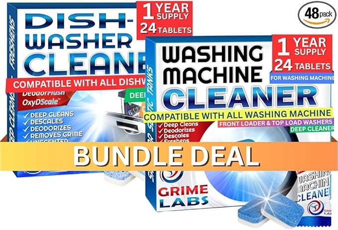 Washing Machine & Dishwasher Cleaner Tablets Bundle – 12-Month Supply | Deep Cleaning & Deodorizing Tablets for Dishwashers & Washing Machines | 48-Tablet Set – Value Pack