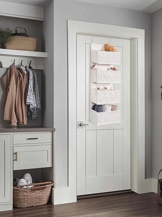 Macrame Over the Door Organizer Boho Decor Nursery Storage, Leaf Weaving Closet Organizers and Storage，with 4 Hanging Pockets, Behind Door for Bathroom, Bedroom