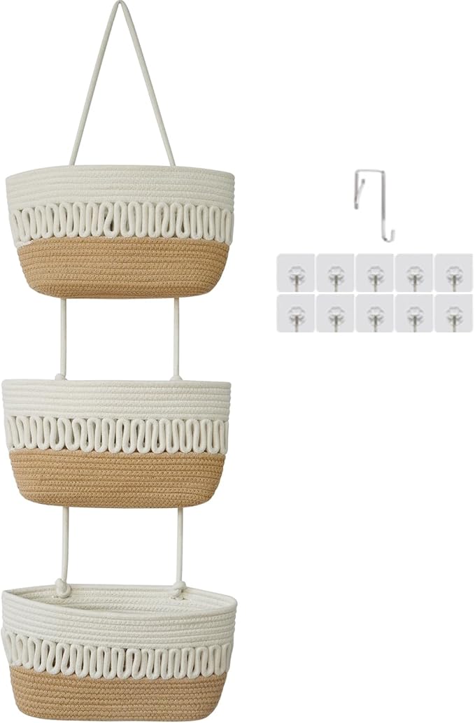 danpinera Over the Door Hanging Baskets for Organizing, 3-Tier Hanging Wall Basket for Storage, Woven Cotton Rope Baskets Storage Decorative for Nursery, Bedroom, Living Room, Kitchen, White & Jute
