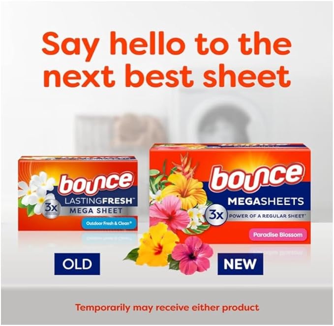 Bounce Mega Dryer Sheets Paradise Blossom | Anti-Static | 5-in-1 Benefits | 3x Static Fighting | 130 Sheets, Pack of 3