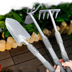 3-Piece Garden Hand Tool Set, Ergonomic Handles, Includes Trowel, Rake and Cultivator, Gray
