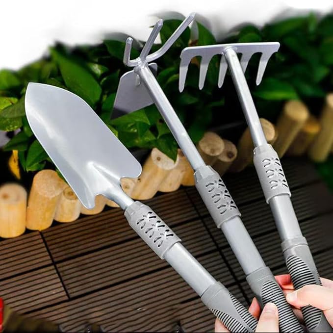 3-Piece Garden Hand Tool Set, Ergonomic Handles, Includes Trowel, Rake and Cultivator, Gray