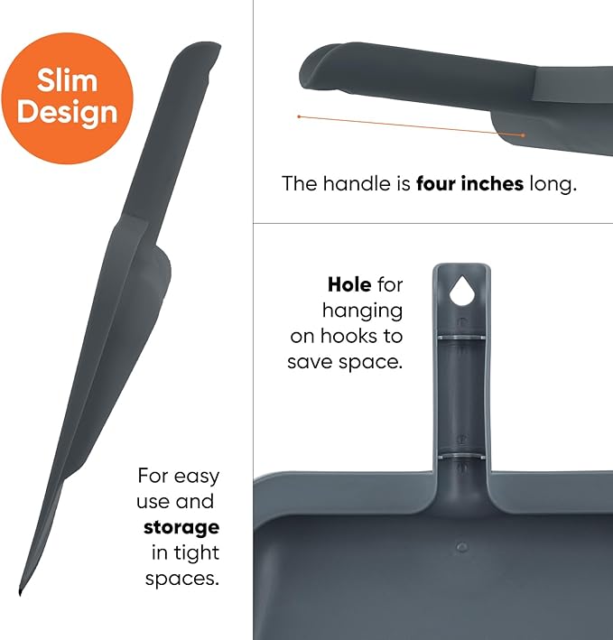 Superio Clip-On Dustpan with Rubber Lip - 10-inch Wide Durable Plastic Dust Pan with Comfort Grip Handle, Grey, 3-Pack