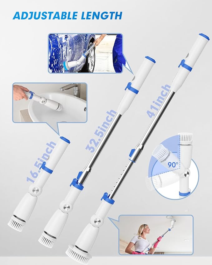 BEAUTURAL Cordless Electric Spin Scrubber, Efficient & Effortless, 2 Adjustable Speed & 3 Length with 8 Brush Heads – Bathroom, Kitchen, Tile & Grout Cleaning