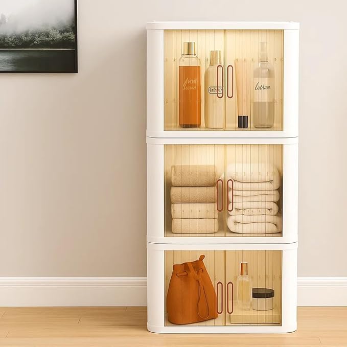 Storage Bins with Lids and Doors Stackable Plastic Pantry Cabinet Cupboard Storage Cabinet with Wheels Organizer for Bedroom, Bathroom, Office, Kitchen – Modern Freestanding Storage Unit, White