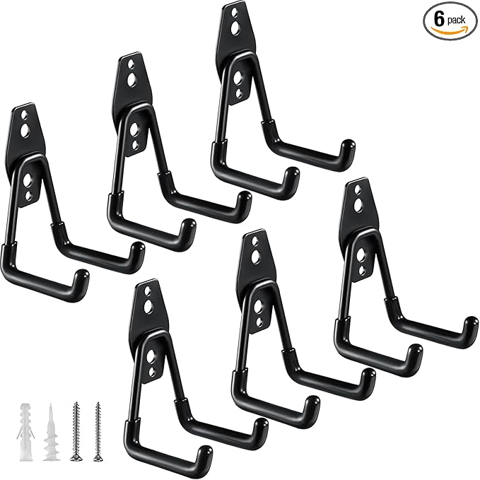 Heavy Duty Garage Hooks 6 Pack, 2.8 inch Small U Shaped Hanger, Wall Mounted Storage System, Power and Garden Tool Organizer, for Hanging Ladders, Hose, Bulk Items and More